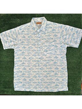 Happy Bay Fish Print Hawaiian Shirt Preppy Nautical Coastal Swordfish Grouper M